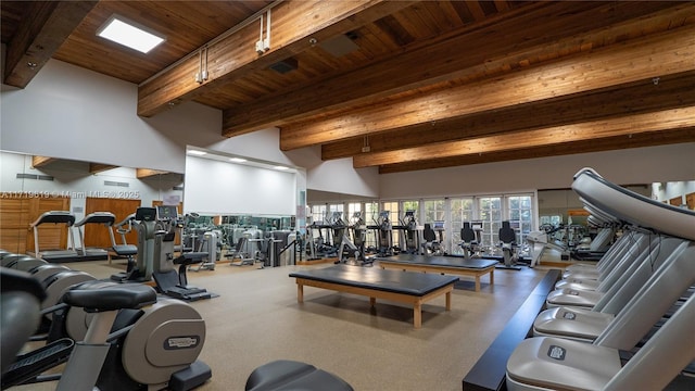 exercise room with wood ceiling