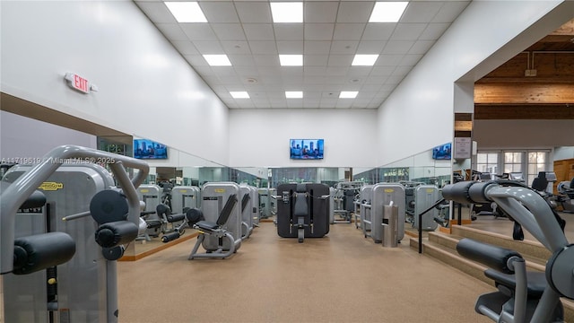 workout area featuring a paneled ceiling and a towering ceiling