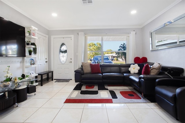 tiled living room featuring ornamental molding