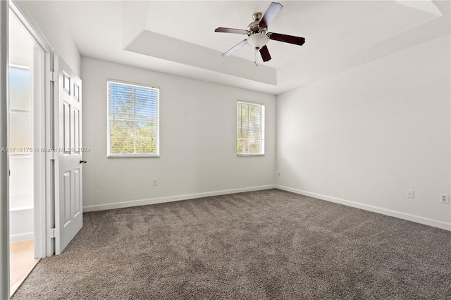 spare room with carpet flooring, ceiling fan, and a tray ceiling