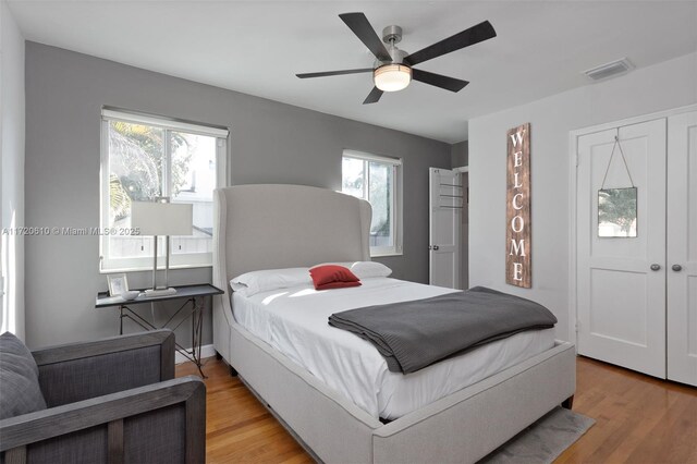 bedroom with ceiling fan, light wood-type flooring, and multiple windows