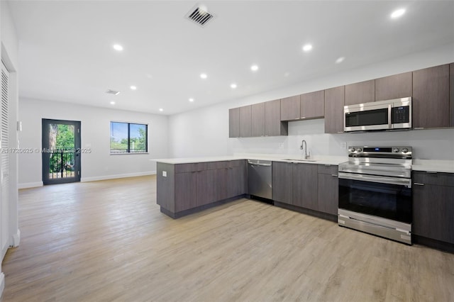 kitchen with kitchen peninsula, light wood-type flooring, dark brown cabinetry, stainless steel appliances, and sink