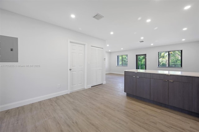 kitchen featuring dark brown cabinetry, electric panel, a wealth of natural light, and light hardwood / wood-style floors