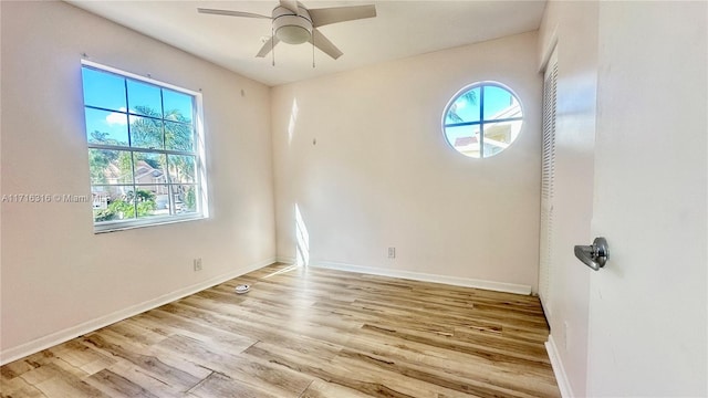 empty room with ceiling fan and light hardwood / wood-style flooring