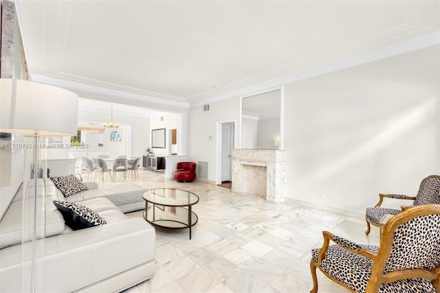 living room featuring a fireplace and ornamental molding