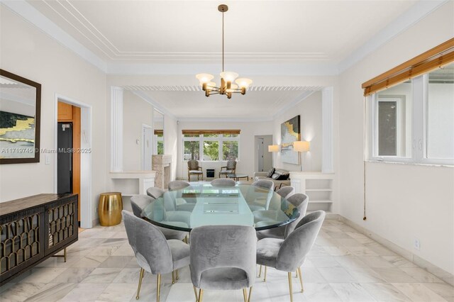 dining area featuring an inviting chandelier and ornamental molding