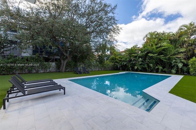 view of pool featuring a patio area and a yard