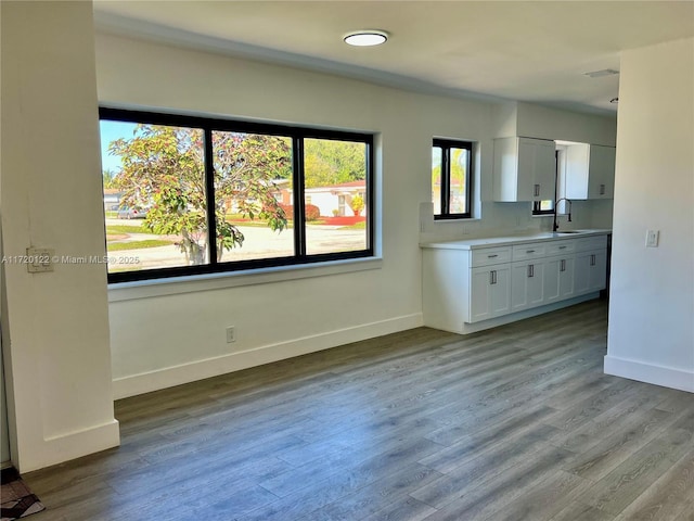 unfurnished living room featuring sink and light hardwood / wood-style floors