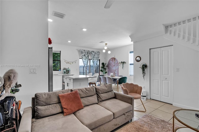 living room featuring light tile patterned floors