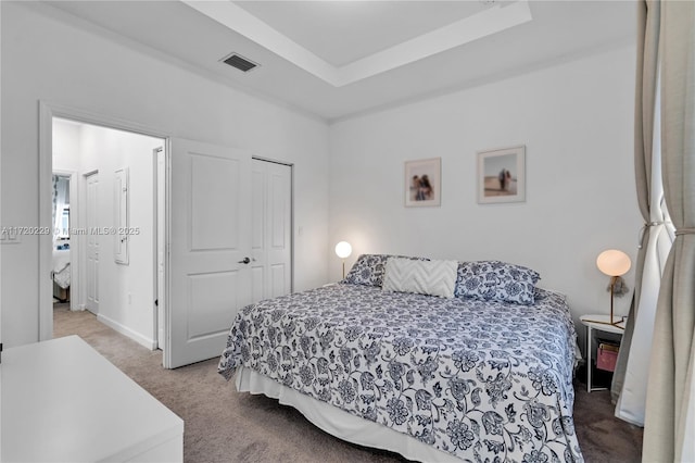 bedroom featuring a raised ceiling, a closet, and carpet