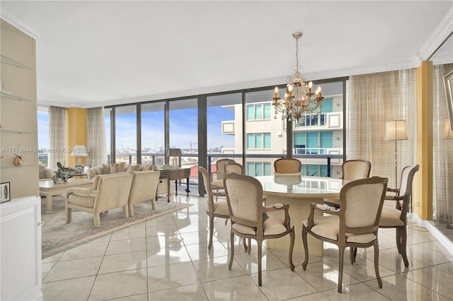 dining area featuring a notable chandelier, floor to ceiling windows, and ornamental molding