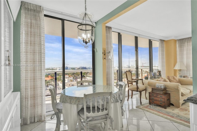 dining room featuring floor to ceiling windows, light tile patterned flooring, and a chandelier