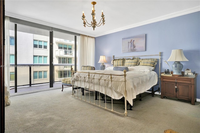 bedroom with ornamental molding, light colored carpet, floor to ceiling windows, and a notable chandelier