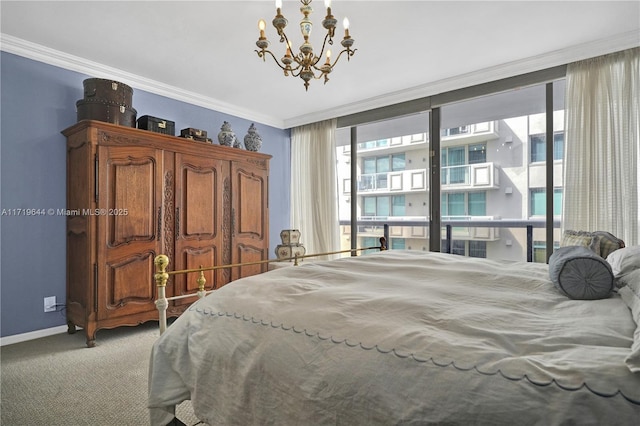 bedroom with crown molding, light carpet, and a chandelier