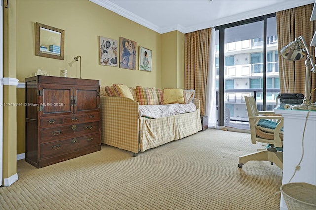 carpeted bedroom featuring ornamental molding