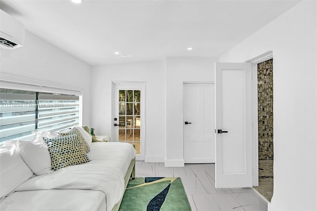 tiled living room with a wall mounted air conditioner