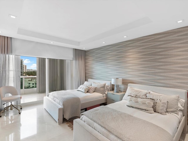 19955 NE 38th Ct Unit 1103, Aventura, FL 33180 - bedroom featuring a tray ceiling, wallpapered walls, recessed lighting, and access to exterior