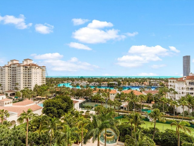 bird's eye view with a water view