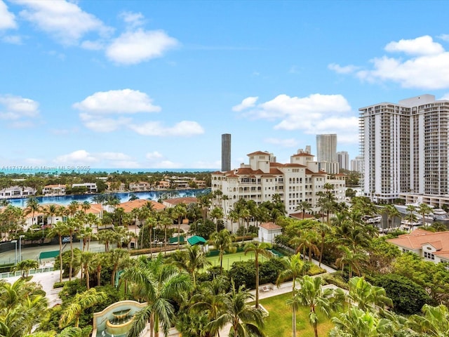 aerial view with a city view and a water view