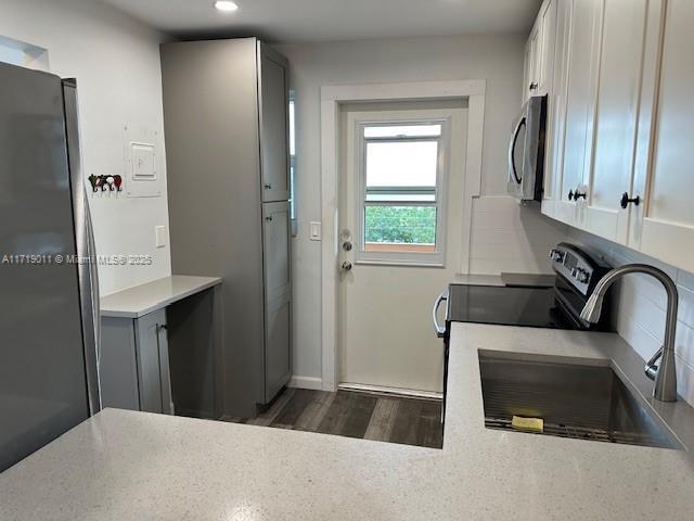 laundry area with dark wood-type flooring and sink