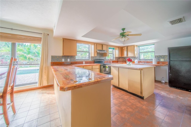 kitchen with electric range, black refrigerator, a kitchen island, and a healthy amount of sunlight