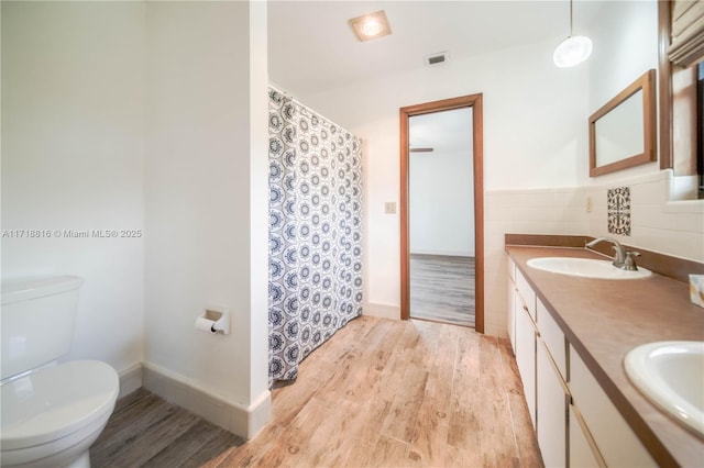 bathroom featuring vanity, wood-type flooring, and toilet