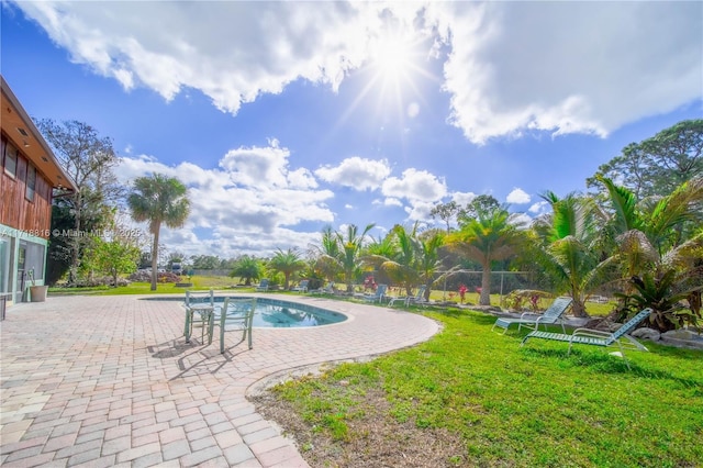 view of swimming pool with a lawn and a patio
