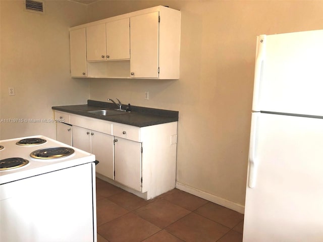 kitchen with sink, white cabinets, dark tile patterned flooring, and white appliances