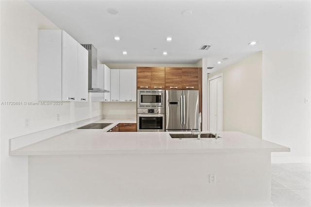 kitchen featuring white cabinetry, sink, stainless steel appliances, wall chimney range hood, and kitchen peninsula