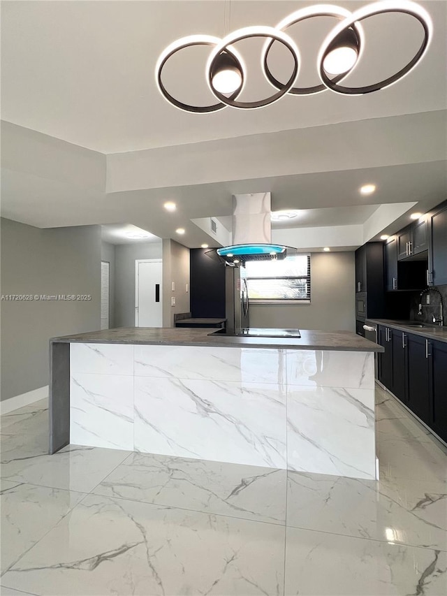 kitchen featuring black electric cooktop, sink, exhaust hood, stone counters, and a center island