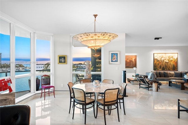 dining space featuring expansive windows, a water view, and a healthy amount of sunlight