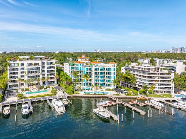 bird's eye view with a water view