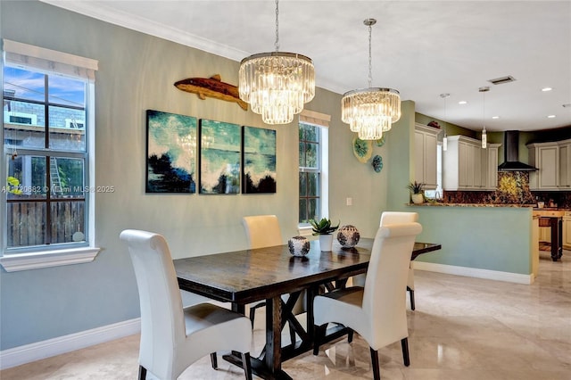 dining space with recessed lighting, marble finish floor, ornamental molding, baseboards, and ceiling fan with notable chandelier