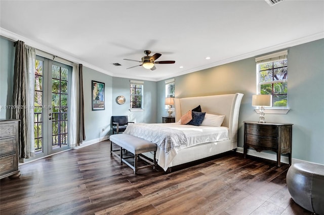 bedroom with ceiling fan, dark hardwood / wood-style floors, ornamental molding, and access to outside