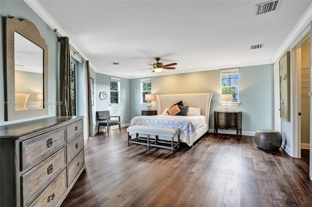 bedroom featuring recessed lighting, wood finished floors, access to exterior, visible vents, and crown molding