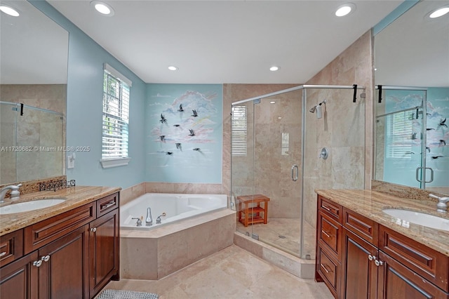 full bathroom with recessed lighting, visible vents, vanity, a bath, and a stall shower