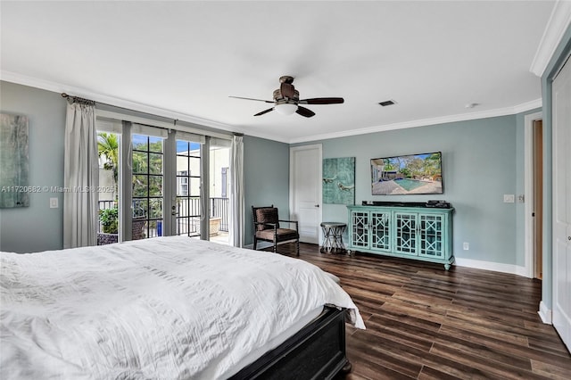 bedroom with access to outside, ceiling fan, crown molding, and dark wood-type flooring