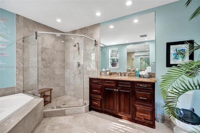 full bath with a garden tub, vanity, visible vents, and a stall shower