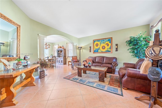 tiled living room with ornate columns