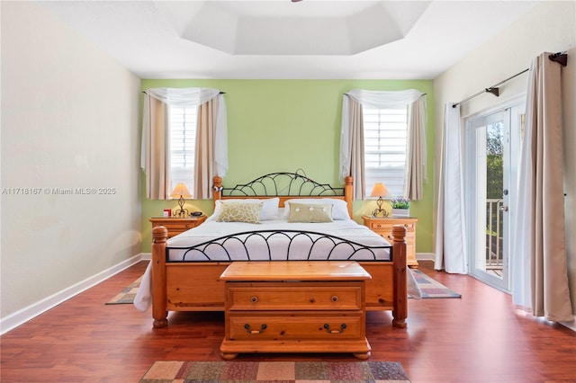 bedroom with a raised ceiling, access to exterior, and multiple windows