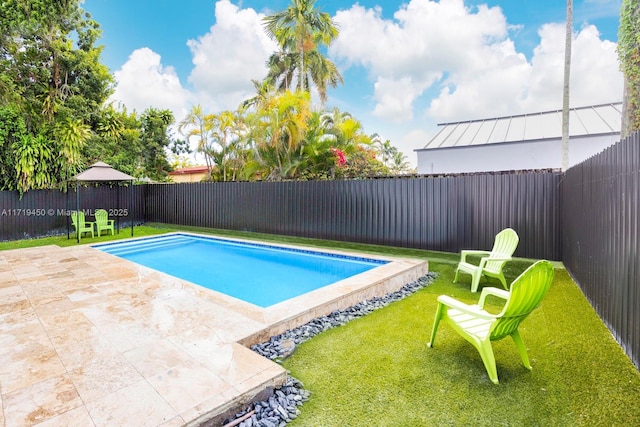 view of swimming pool with a patio and a lawn