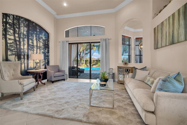 tiled living room featuring crown molding