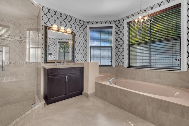 bathroom featuring vanity, plus walk in shower, a wealth of natural light, and an inviting chandelier