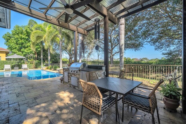 view of patio / terrace with ceiling fan, a fenced in pool, exterior kitchen, and grilling area