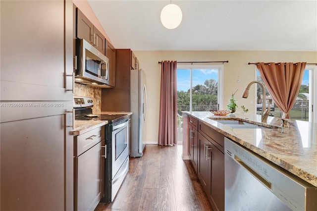 kitchen featuring backsplash, dark wood-type flooring, sink, plenty of natural light, and stainless steel appliances