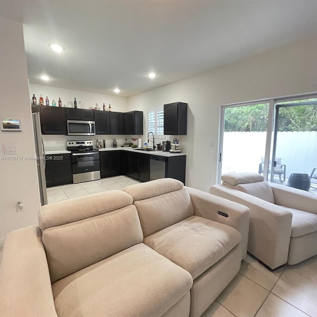 tiled living room with sink