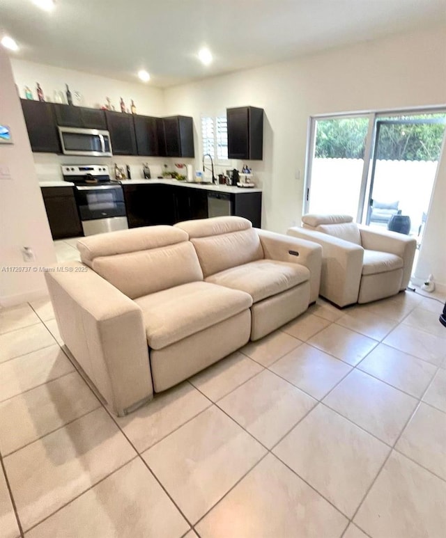 tiled living room with sink