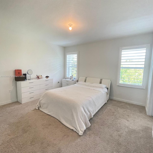 bedroom with light colored carpet