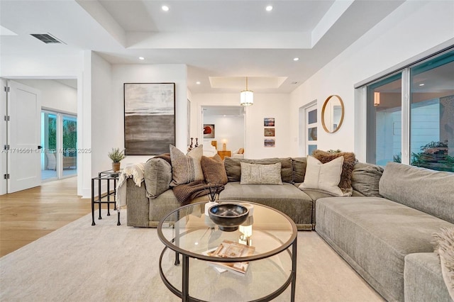 living room featuring a raised ceiling and light wood-type flooring