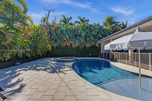 view of swimming pool with a patio area and an in ground hot tub